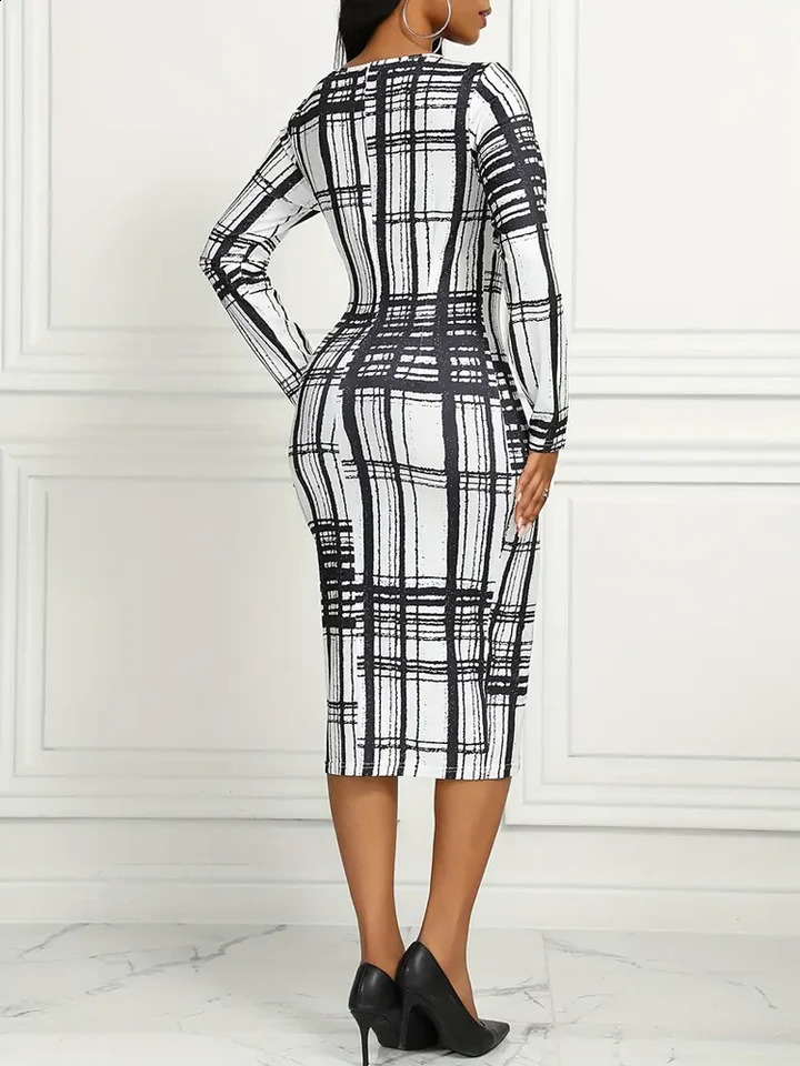Plaid Print Long Sleeve Dress Casual Crew Neck Dress For Spring Fall Womens Clothing 240819