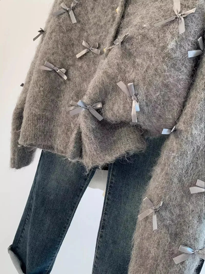 Grey bow sweater AutumnWinter Womens high temperature soft Mohair knitted cardigan perfume coat casual top 240819