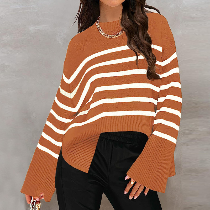 Trendy European & American Women's Striped Sweater - Cozy Round Neck, Long Sleeves with Side Split