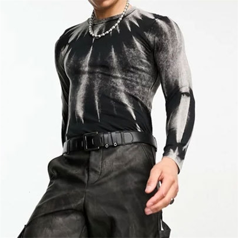 Fashion Mens T Shirts Streetwear Fall Long Sleeve O Neck Stretch Slim Fitting Basic Tops Men Y2K Style Printed T-shirt 240819