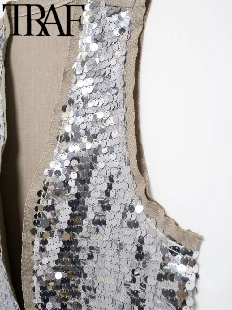 TRAF Sparkling Silver sequin Patch Work Womens Tank Top Summer Vneck Sleeveless Open Front Crop Irregular Y2K 240819