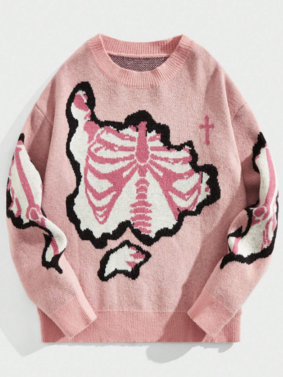 Women's Sweaters Round neck pullover long sleeved Halloween sweater contrasting color skull jacquard knit sweater