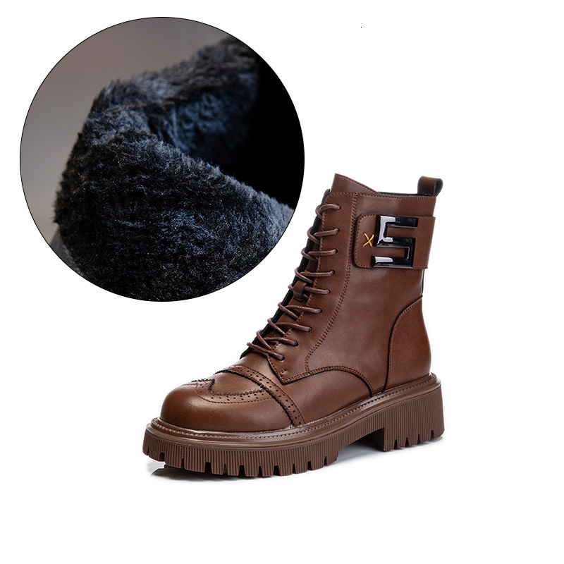 Ddmysports Autumn And Winter New Mid Tube Genuine Leather Martin For English Style Plush Short Boots Thick Sole Casual Women S Shoes OUTDOOR