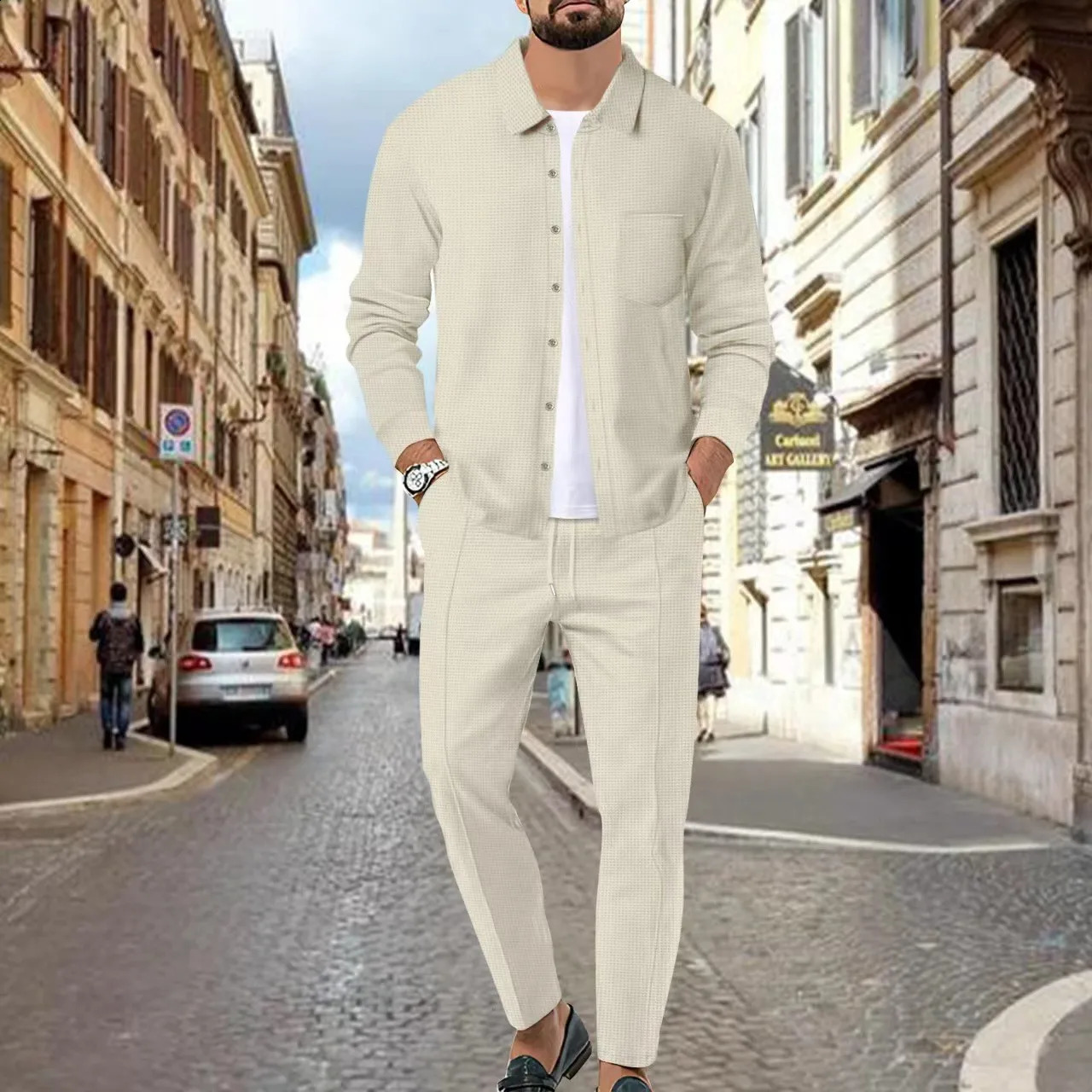Mens summer casual long sleeve button cardigan shirt Waffle daily pants two sets 240819
