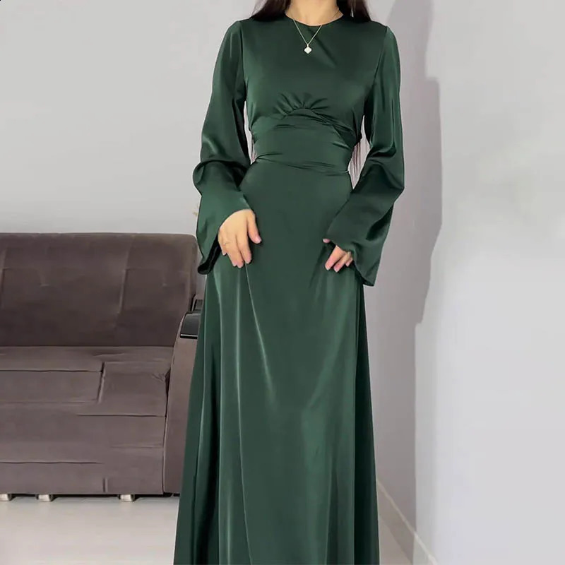 Women Satin Long Dresses Sexy Lace Up Slim Evening Dresses Simple Round Neck Flare Sleeve Birthday Party Dresses For Women 240819