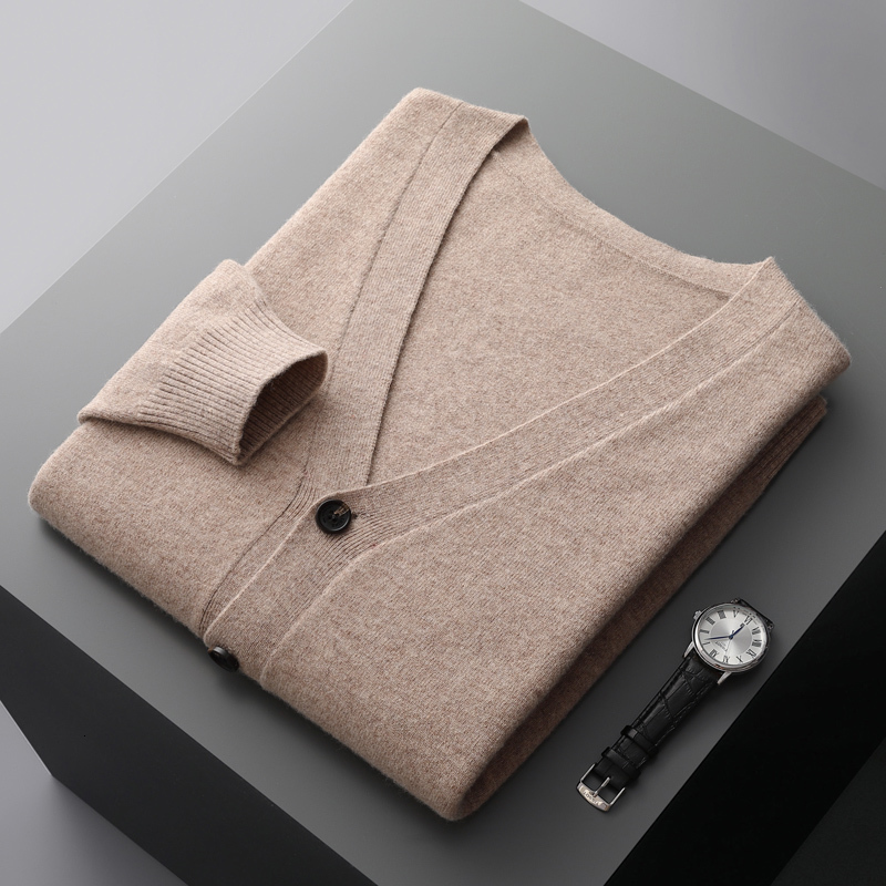 100% pure wool mens cardigan cashmere sweater knitted jacket solid color long sleeved highquality top for autumn and winter 240819
