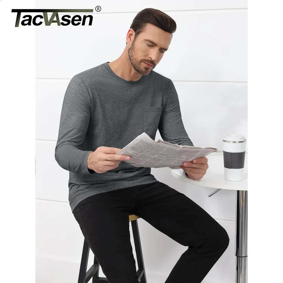 TACVASEN Long Sleeve Cotton T-shirts Mens Chest Pocket Casual T-shirt Moisture Wicking Crew Neck Basic Tee Tops Male Pullover 240820
