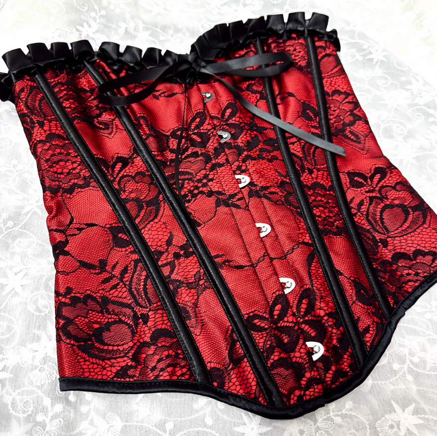 Stylish Contrast Black Lace Overbust Corset for Women Featuring a Feminine Ruffle Edge Burlesque Dancing Outfit Corselet XS-3XL