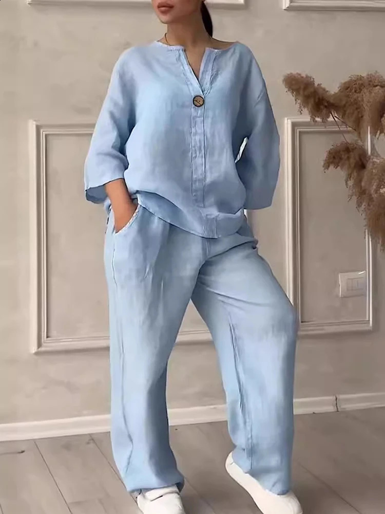 Casual Women Solid V Neck Set Fashion Autumn Spring Two Piece Set Cotton and Linen Sets Shirt Top Wide Leg Pant Long Sleeve Suit 240820