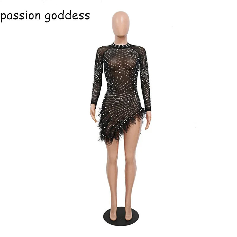 Fashion Long Sleeve Diamonds Sexy Bodycon Mesh See Through Party Dresses for Women Feather Pearls Black Irregular Club Dress 240819