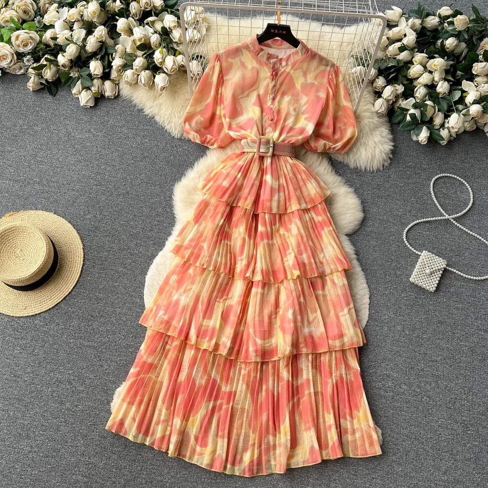 Vintage Pleated High Waist Dress Fairy A-line Puff Sleeve Dress Chic Summer Beach Vestidos Women Vacation Sundress