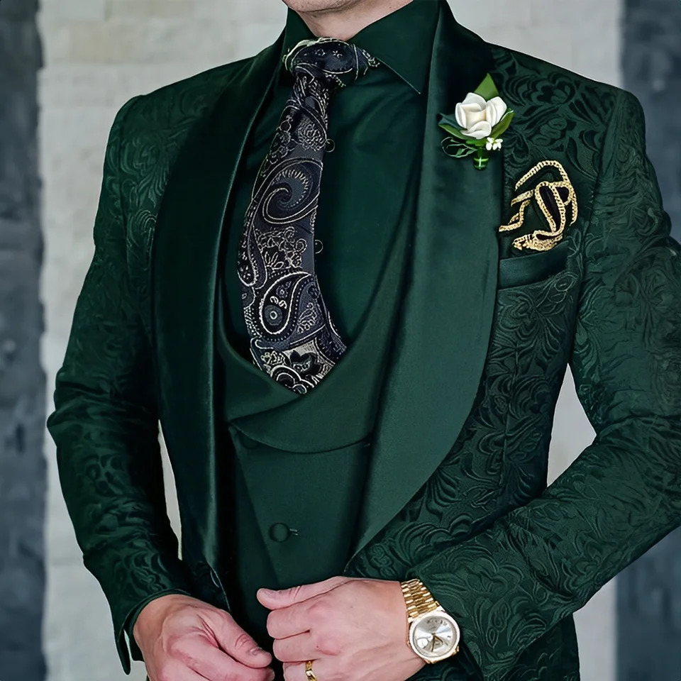 Jacquard Mens 3-piece Suit Set Formal Party Dress Grooms Tuxedo High Quality Elegant Mens Customized Outfit 240819