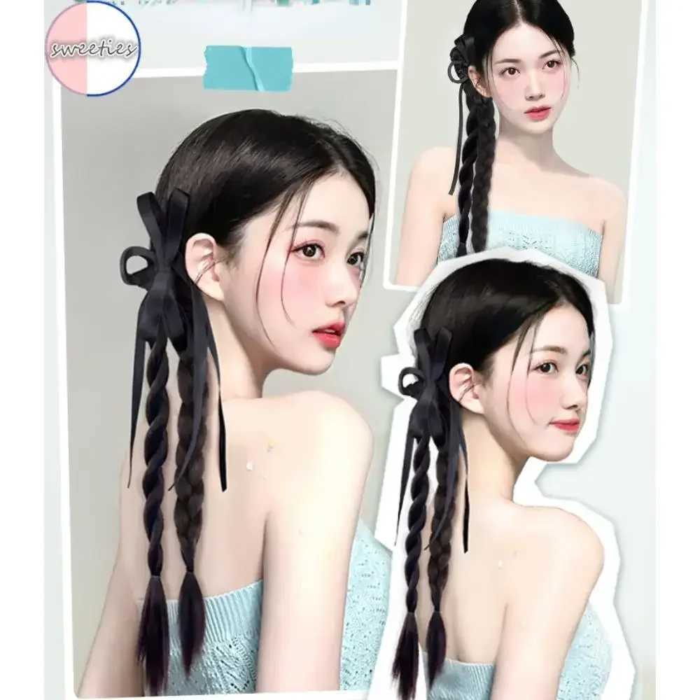 Chinese style synthetic fiber ribbon bow twisted brain ponytail clip in female simulated boxing brain ponytail extension W240817
