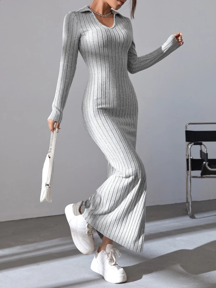 Women sexy knit V-neck reverse neck split dress autumn winter full sleeve elastic basic body sweater 240819