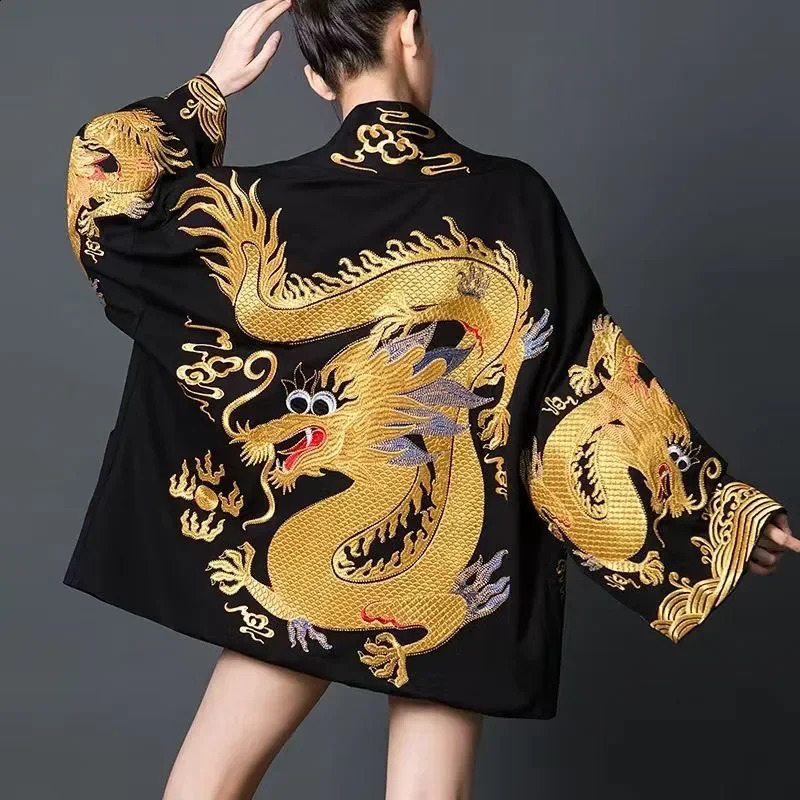 Spring Autumn Printing Dragon Coat Women Fashion Loose National Wind Black Cardigan Jacket Embroidery Outerwear Female 240819