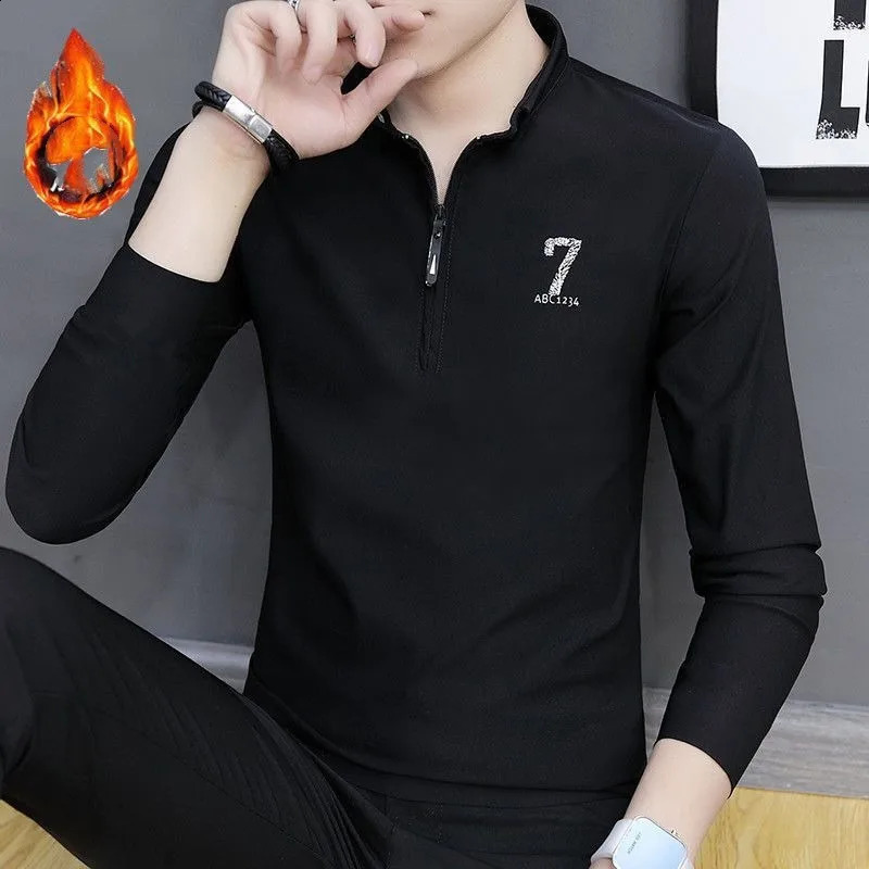 Mens Spring Autumn Turtleneck Solid Pullover Zipper Printed Long Sleeve T-shirt Undershirt Office Lady England Style Loose Tops 240820