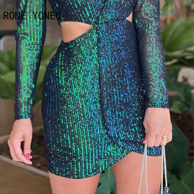 Women Chic Solid Sequins Deep V Neck Sexy Long Sleeves Midriff Mini Party Dresses 240819