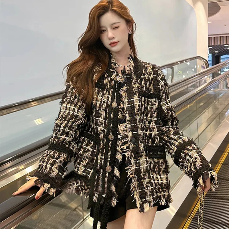 GIDYQ Y2k vintage cut tweed jacket for womens streetwear black gold woven tassel highquality casual chic button 240819