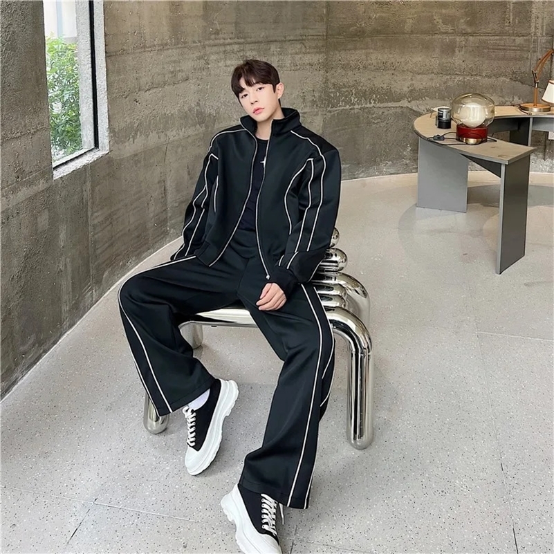 Trendy High-end Loose-fit Casual Sports Suit For Men Bell Bottoms Cardigan Jacket 2-piece Set Fashionable Sensibility 240819