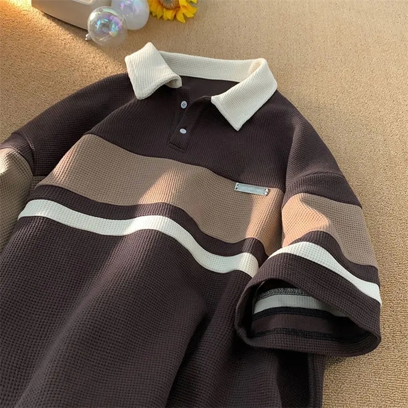 Trendy retro waffle polo shirt short sleeved t-shirts men and women summer loose American lovers casual personality top harajuku i240819