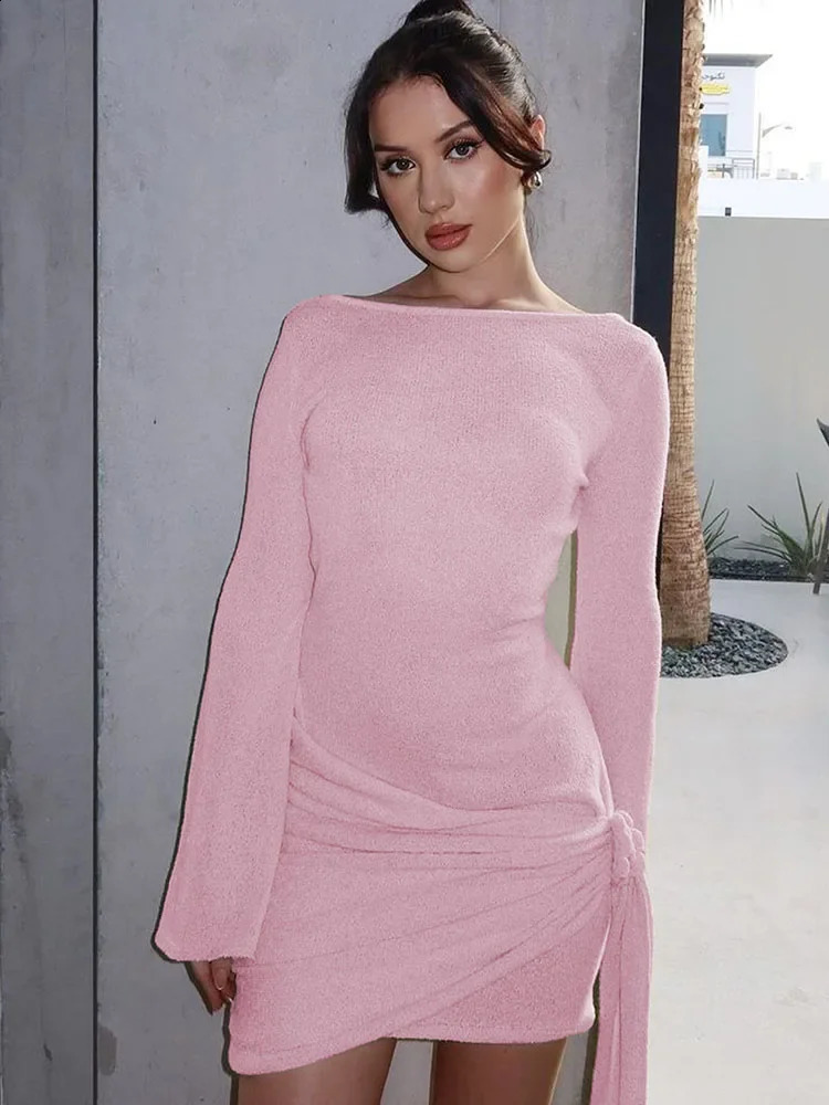 Knitted Backless Bandage Mini Dress Womens Sexy Floral Solid Color Long Sleeve Smocked Party Dress Slim Mini Dress 240819
