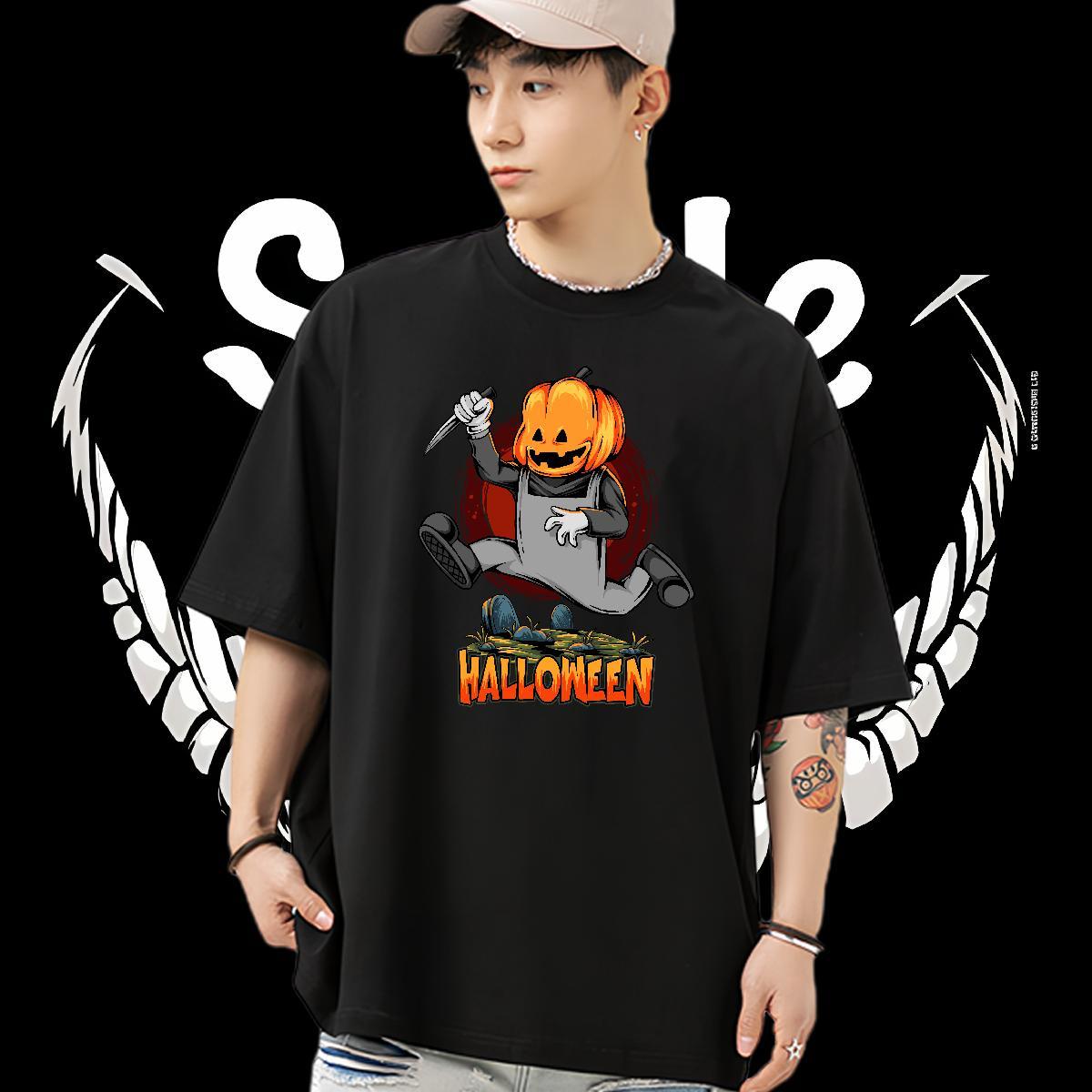 Fashion Casual Men Clothes T-Shirt halloween Street Casual 230g Cotton Tops Crew Neck Classic Man T Shirts DIY Logo Oversized