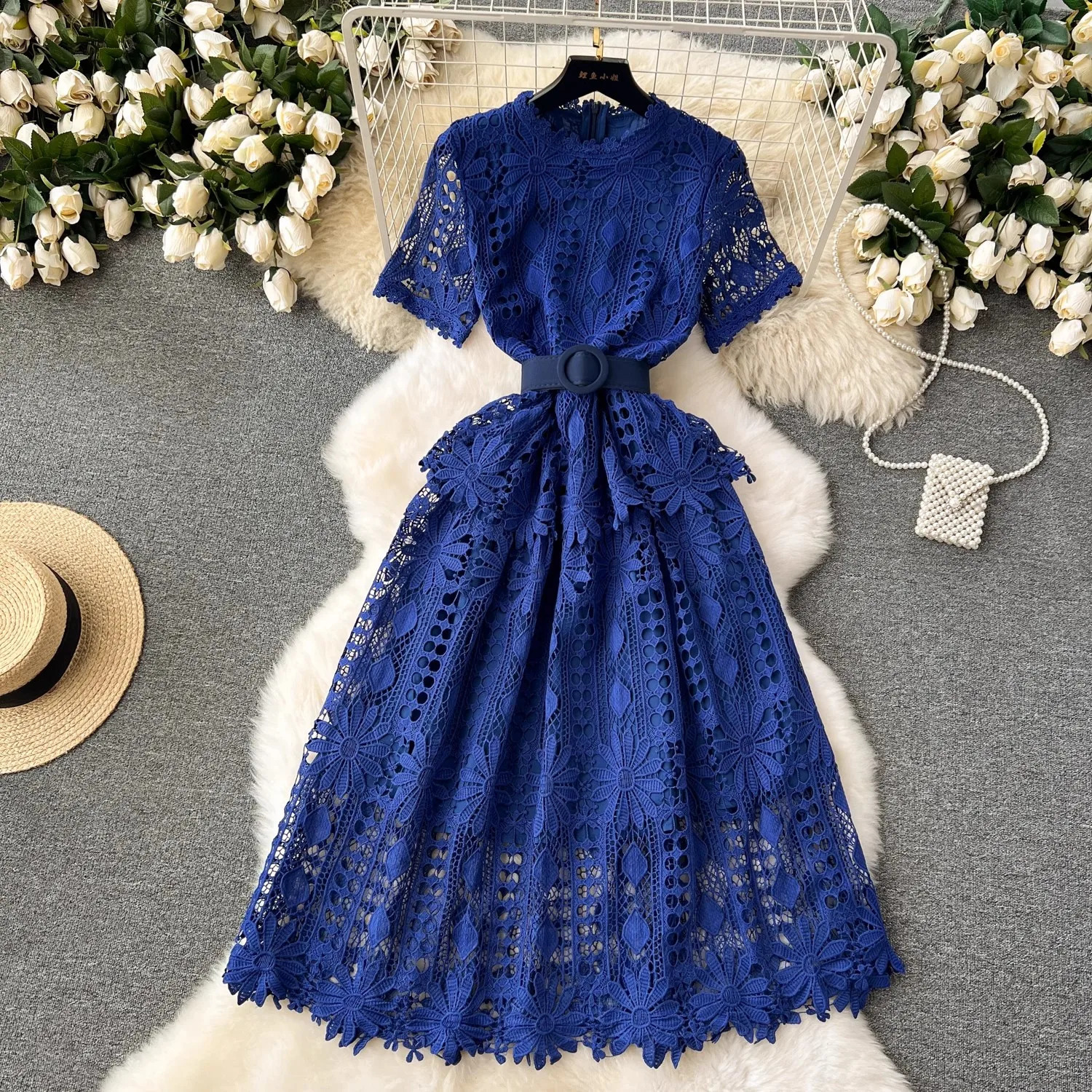 Runway Crochet Hollow Out Pink Midi Lace Dress for Women Summer Short Sleeve Embroidery Party Dress Elegant Holiday Robe 240819