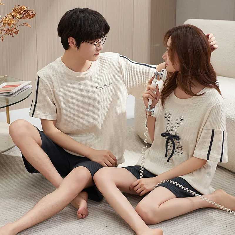 Short Sleep Top and Pants 2 pieces/set Summer Pajamas Mens Evening Dress Cotton Womens Wear Korean Couple Home Clothing Direct ShippingW240719