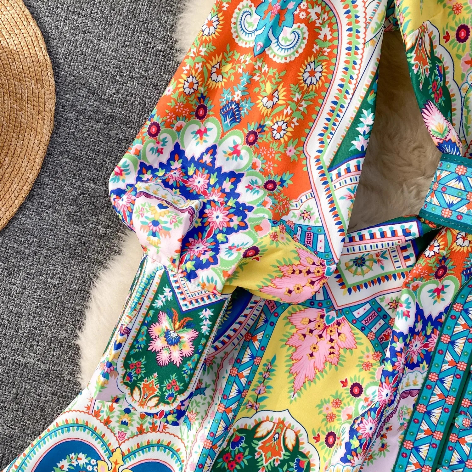 Gorgeous Flower Blooming Mini Dress Womens Stand Collar Lantern Sleeve Buttons Floral Print Lace Up Belt Holiday Beach Vestidos