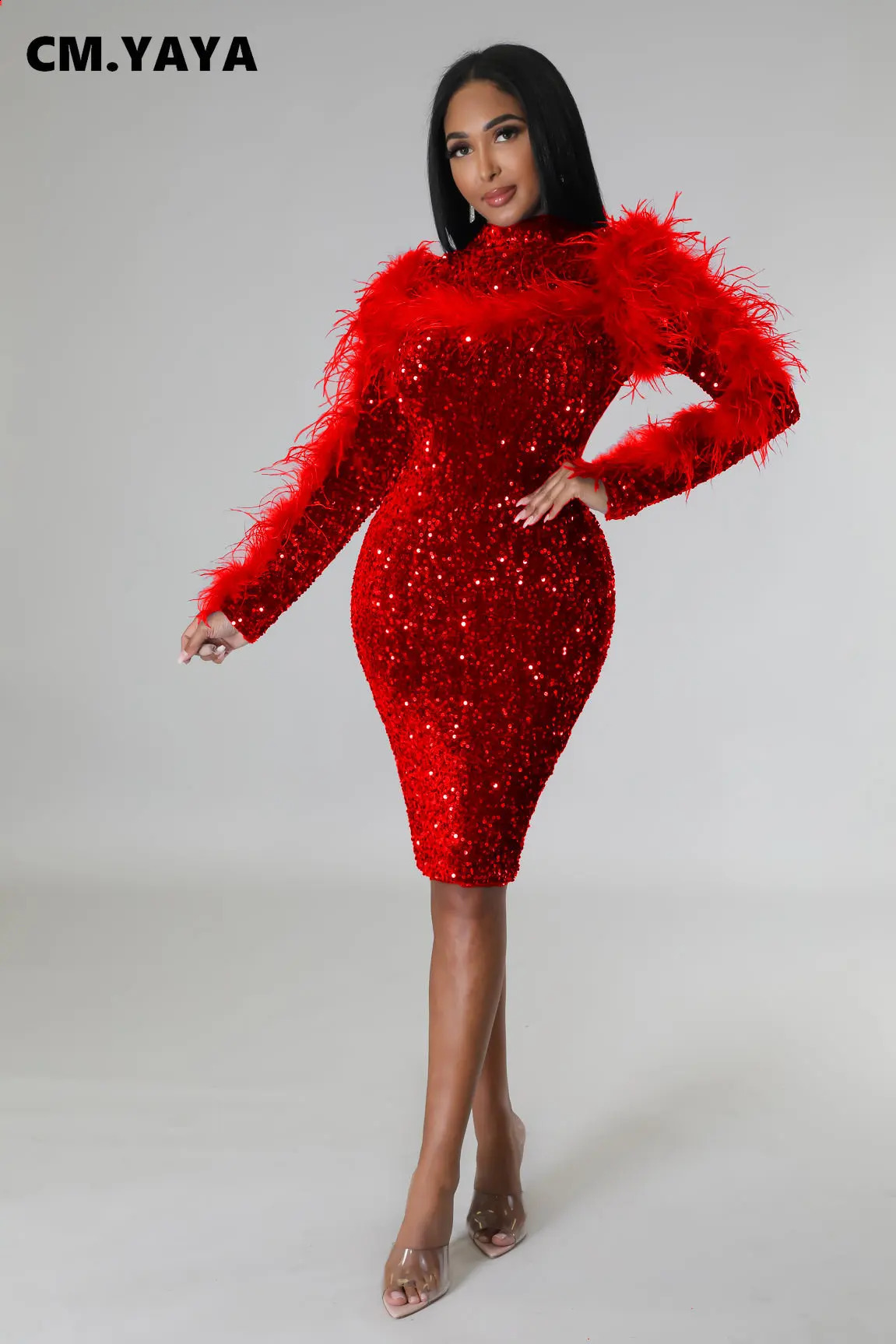 CM.YAYA Women Sequined Fur Splicing Long Sleeve Cutout Backless Bodycon Midi Dress Evening Sexy Party Club Prom Dresses 240819