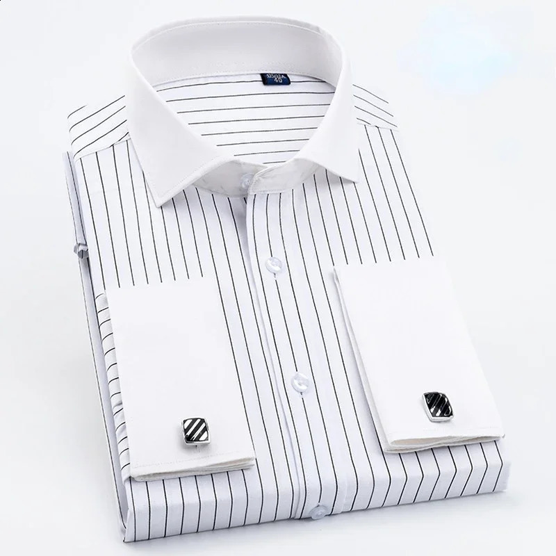 Quality Men French Cufflinks Shirt Hidden Button Mens Shirt Long Sleeve Casual Slim Fit Cuff Dress Shirts Cufflinks Included 240820