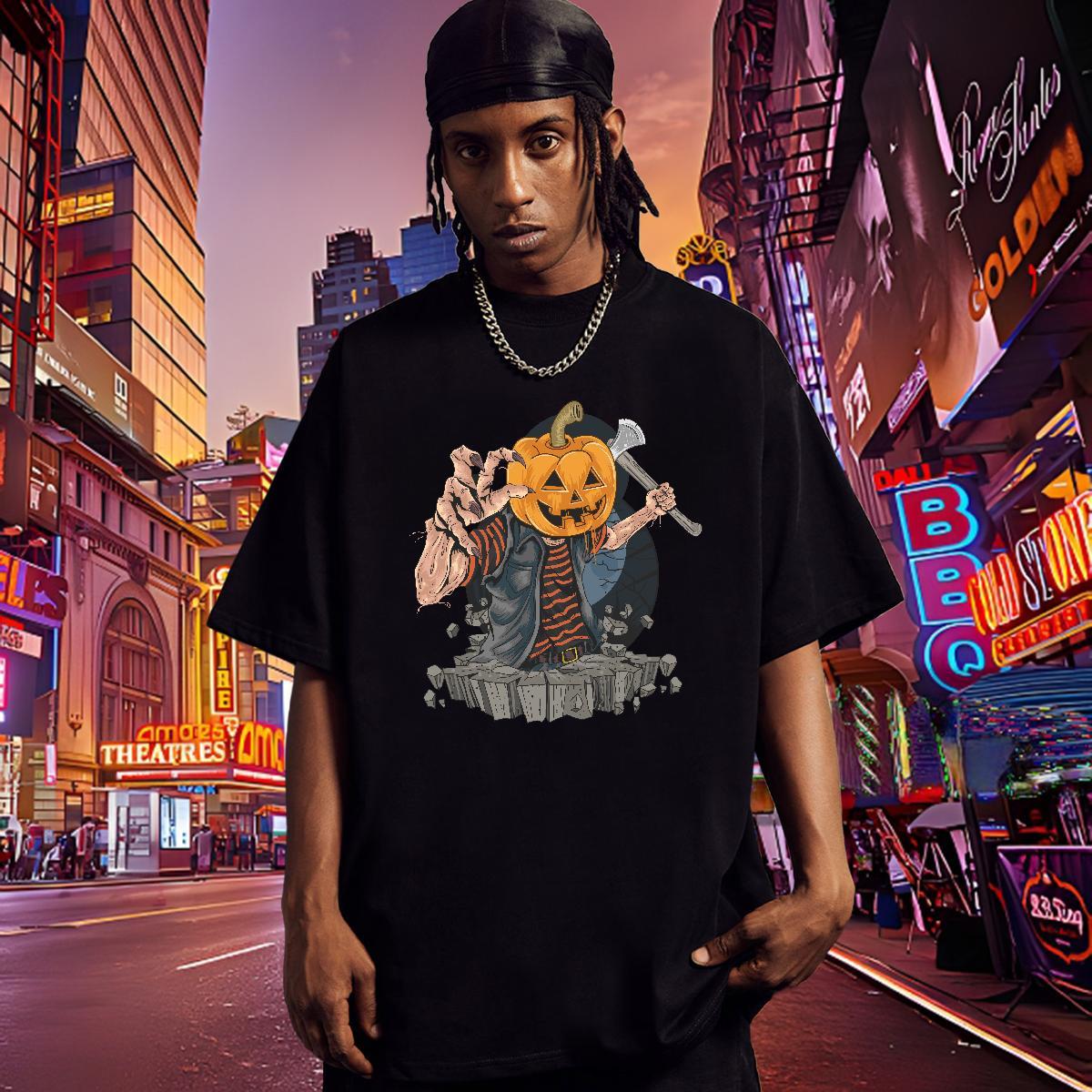 Loose Mens T Shirts pumpkin O-Neck Short Sleeve Street Wear DIY Anime 230g Pure Cotton Men Clothes T-Shirt Casual New Tee Shirt