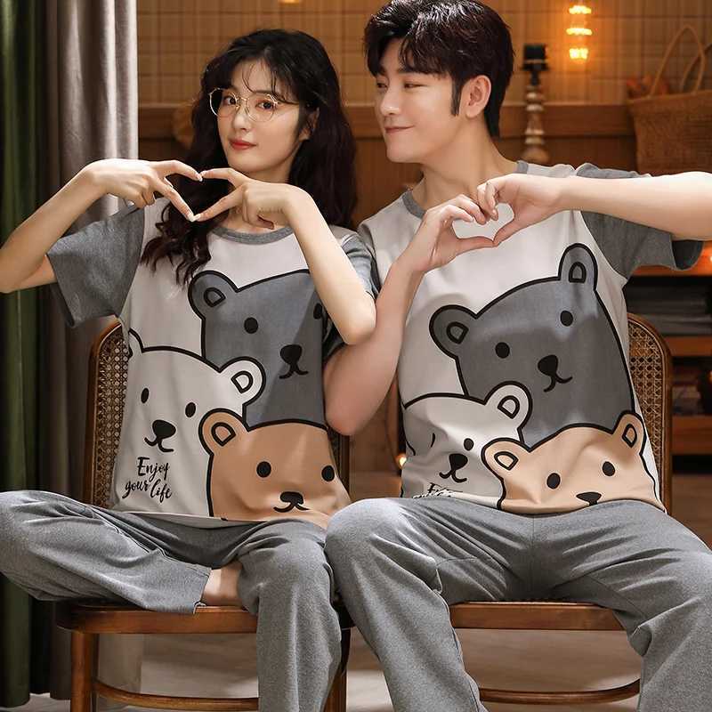 Summer couple pajama set womens spring pajama cartoon dinosaur Korean couple homemade cotton short sleeved pajamaW240719