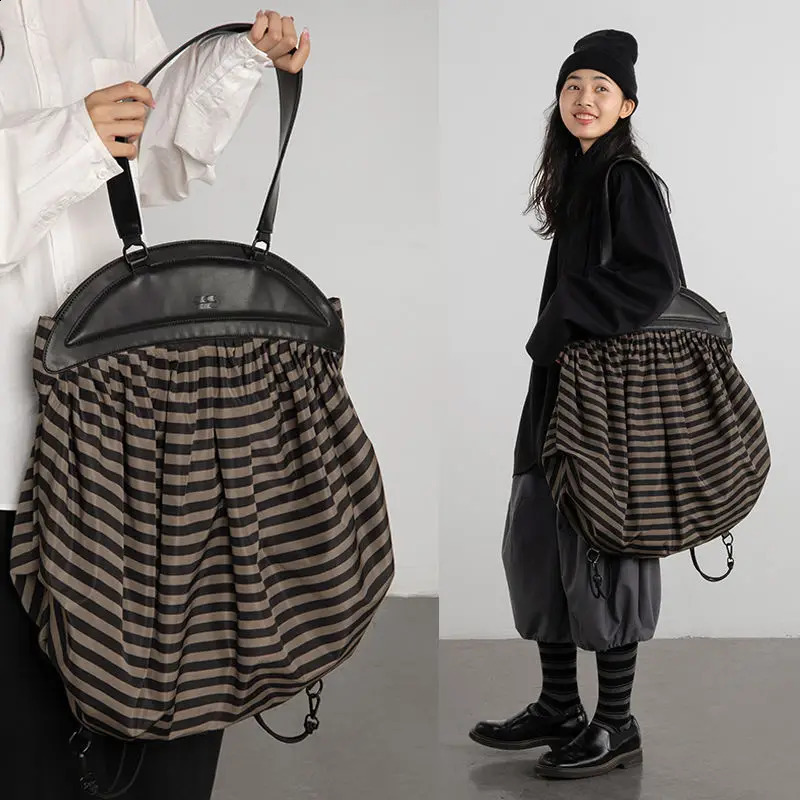 3 Women Tote High-Capacity Vintage Nylon Bucket Casual Striped Zipper Soft Shoulder Handbag Backpack Shopping Bag 240819 4