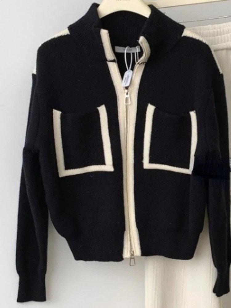 Y2k elegant casual knitted chic jumper double zipper pocket gentle cardigan womens loose stand up collar sweater Japan 240819