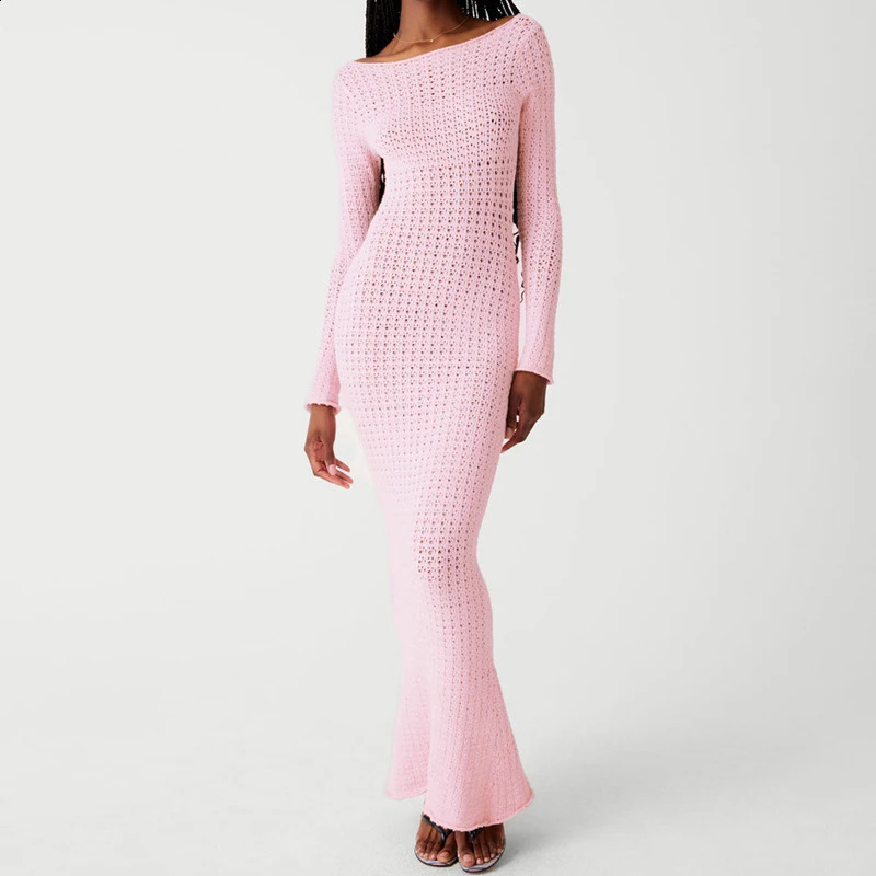 BKLD Womens Sexy Backless Sweater Knitted Dress Cut Out Long Sleeve Perspective Bodycon Maxi Pink Dress Trend Out Door Clothes 240819