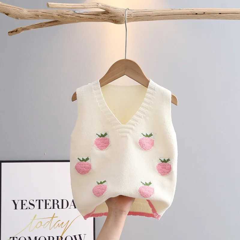 Sleeveless Sweater for Girls Spring Fall V-neck Children Knitwear Baby Girl Knit Vest Cartoon Strawberry Kids Waistcoats GY03083XJ240819