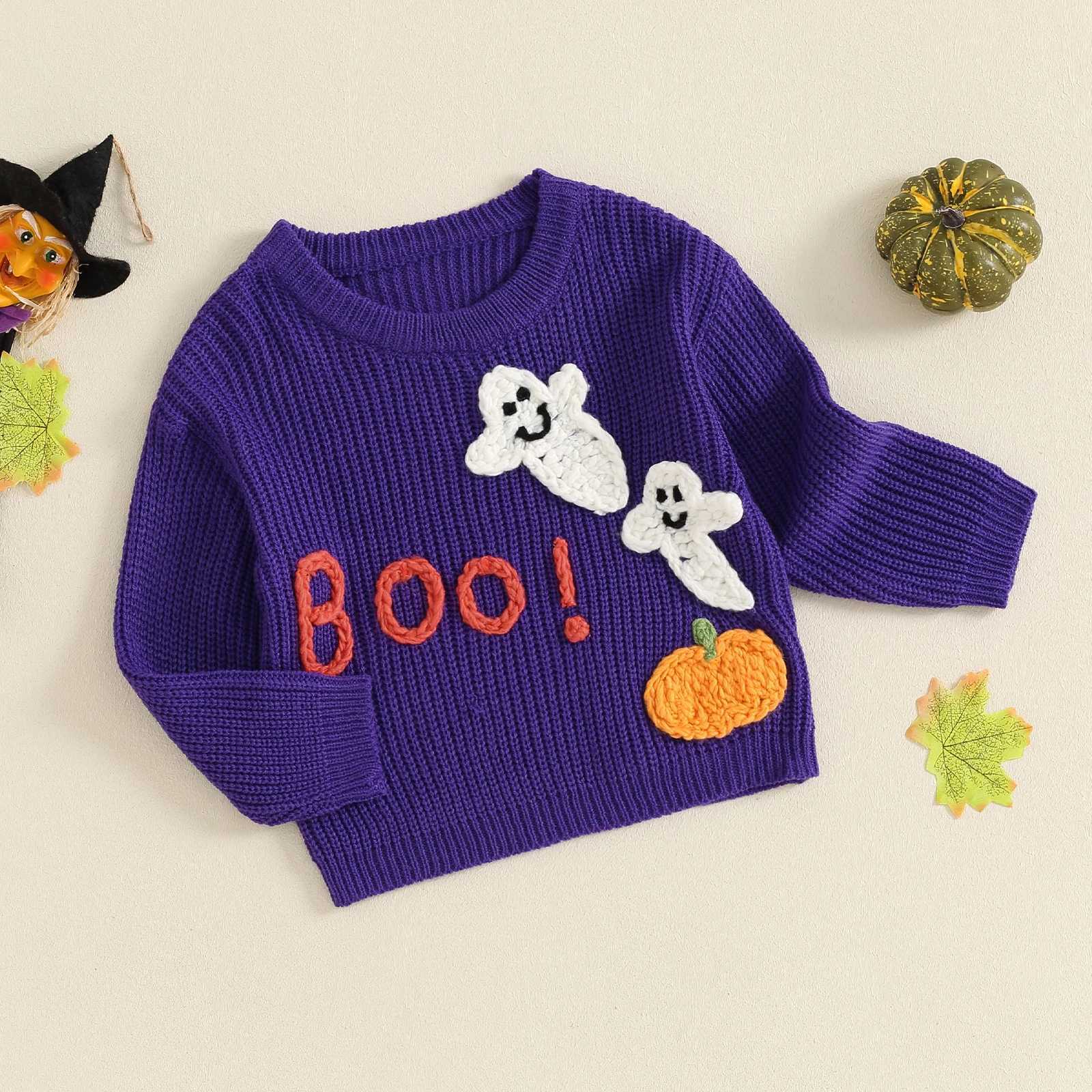 FOCUSNORM 0-3Y Baby Boys and Girls Halloween Sweater Letter Pumpkin Embroidery Staff Neck Long Sleeve Floral Top W240820