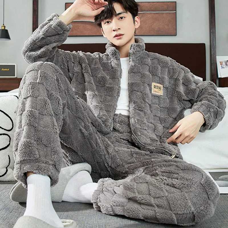 Anti static coral fleece mens winter sleepwear set thick flannel warm sleepwear large size 3XL zipper soft sleepwear mens sleepwearW240719