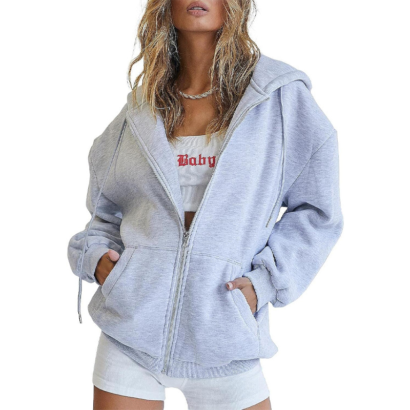 Fashion Women's Hooded Zippered Sweatshirt - Loose Fit Stand Up Collar for Autumn & Winter
