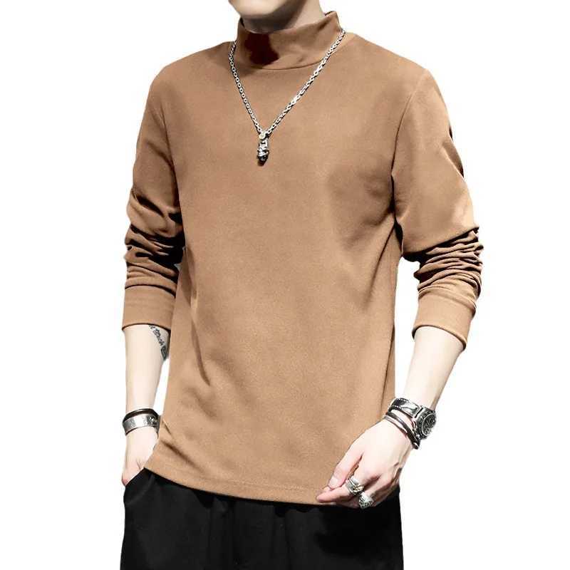 2023 Autumn Mens T-Shirts Spring High Collar Slim Tee Shirt Long Sleeve Solid Color De Rong Warm Basic Tops Man UndershirtsXJ240819