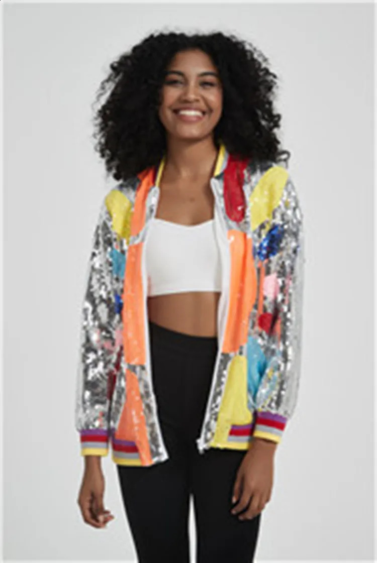 Sequins Coats For Women, Color Patchwork Streetwear Jackets