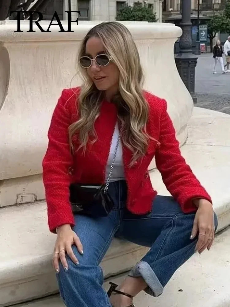 TRAF autumn fashion womens short jacket camel tweed long sleeved button pleated top elegant Y2k retro chic 240819