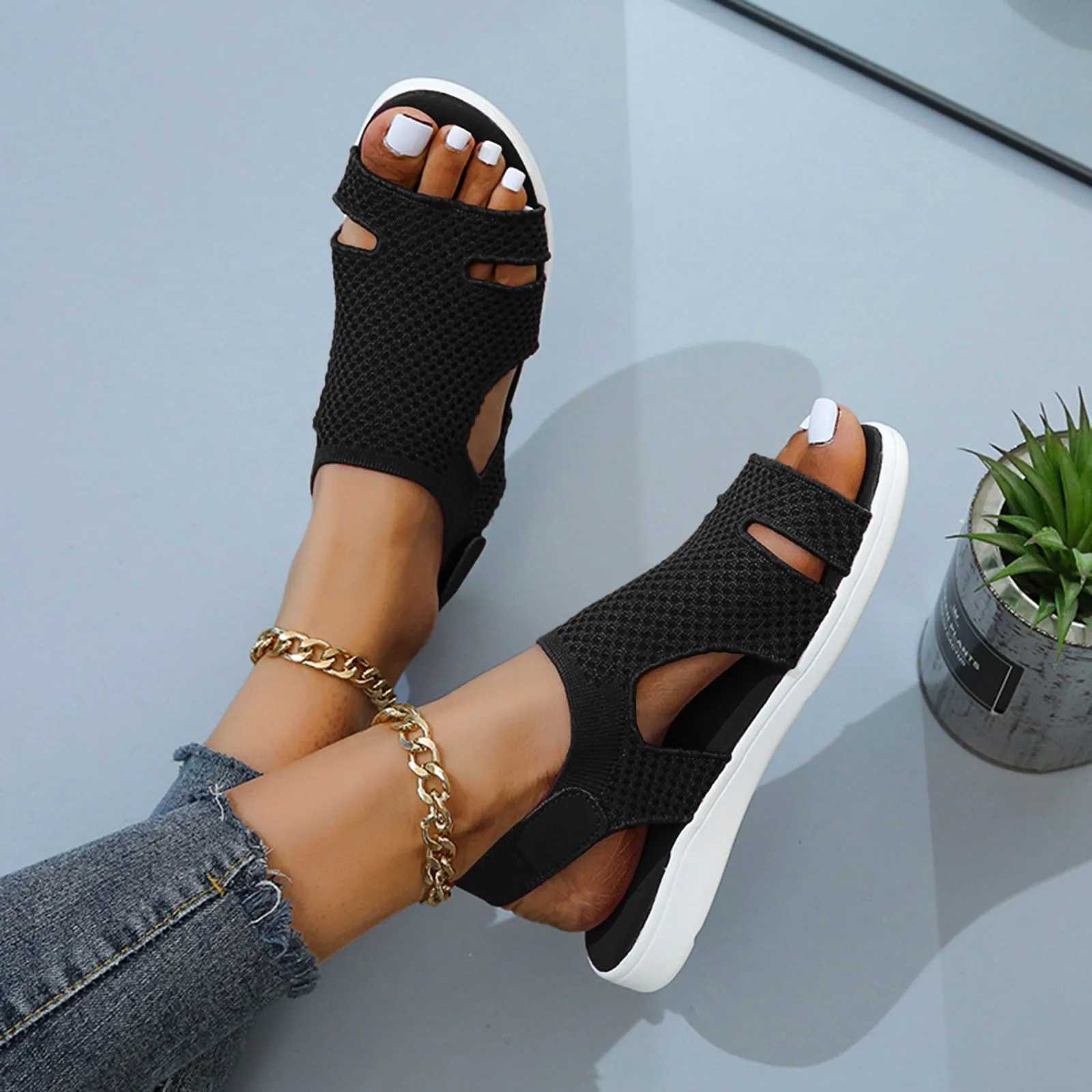 Women Shoes 2024 Leisure Fashion Ladies Sandals Breathable Mesh Open Toe Slip On Solid Soft Sole Shoes All Match Sandalias CL240806