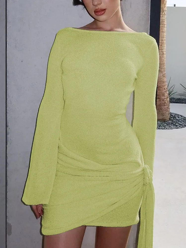 Knitted Backless Bandage Mini Dress Womens Sexy Floral Solid Color Long Sleeve Smocked Party Dress Slim Mini Dress 240819