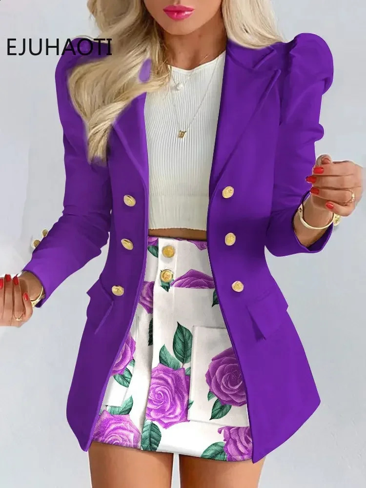 Womens Summer Long Sleeve Solid Color Jacket with Mini Skirt Two-piece Suit Tailleur Femme Blazer and Dress Sets 240820