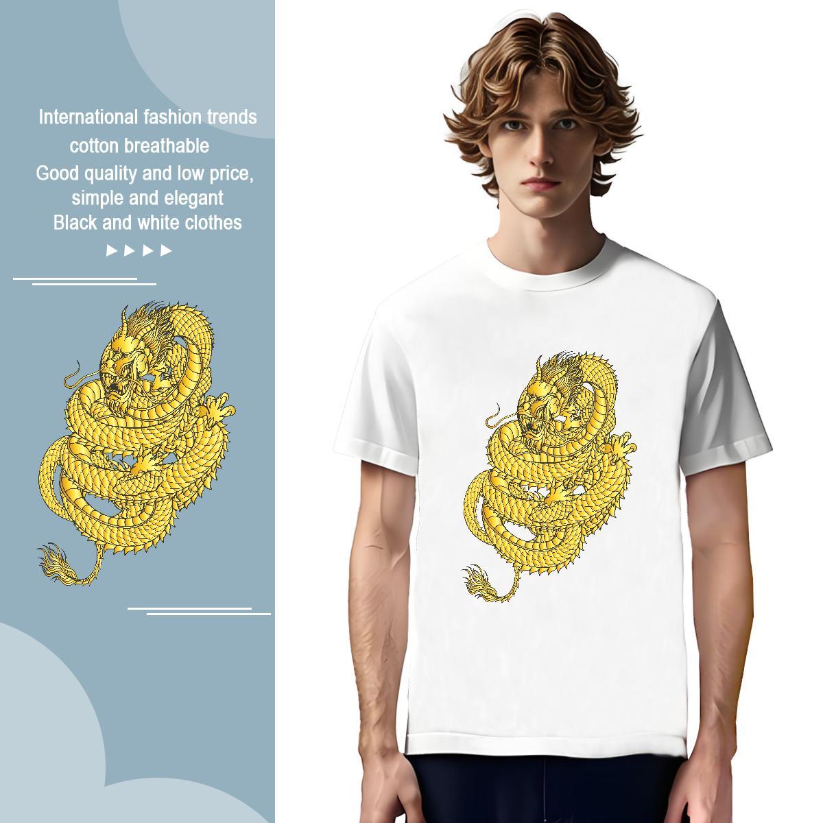 T Shirts Men 230g Cotton dragon Spring Summer Breathable Short Sleeve Customized Print Men Clothes T-Shirt 2024 Classic Tops