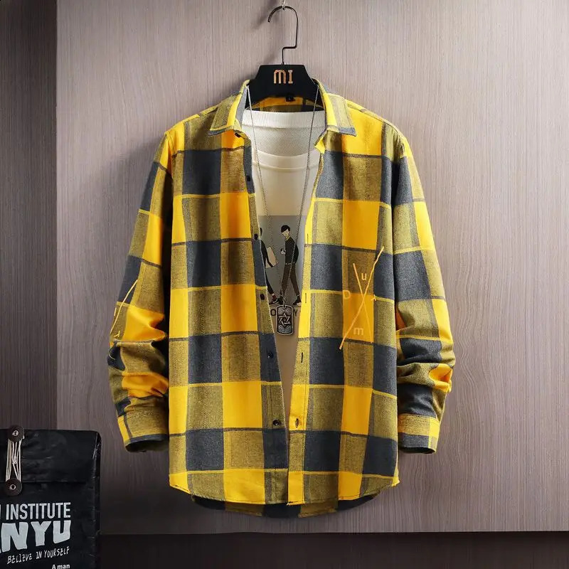 Spring and Autumn Mens Lapel Loose Plaid Button Printed Pocket Casual Fashion Elegant Commuting Long sleeved Shirt 240815
