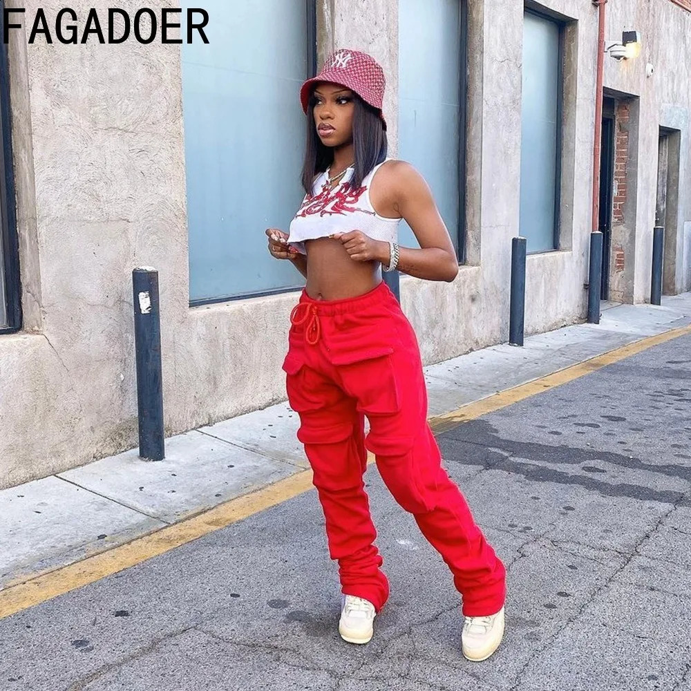 FAGADOER Autumn Cargo Pants Women Retro Y2k Streetwear Trousers Casual Baggy Straight Pants Wide Leg Pockets Joggers Sweatpants 240819