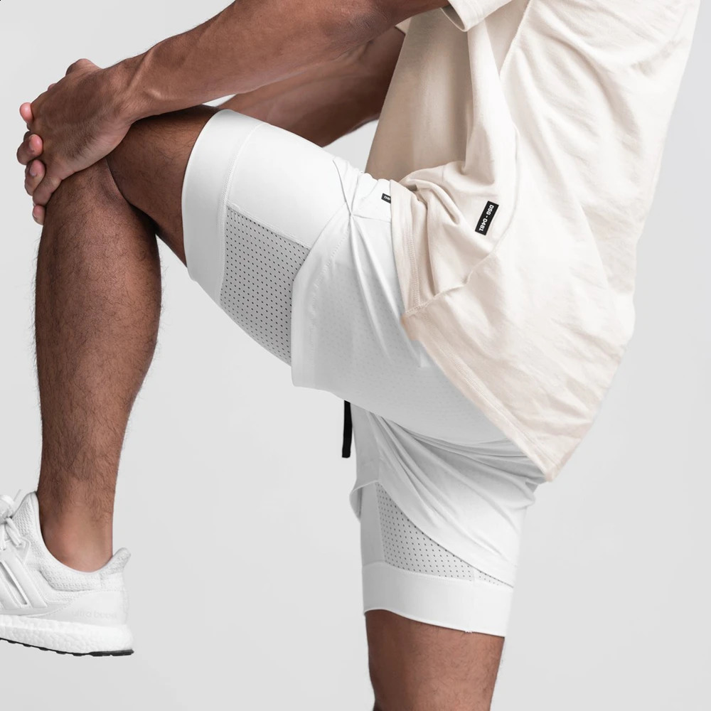 Mens 2in1 Street Fitness Shorts White Breathable Running Gym Quick Drying Casual SXXL 240819